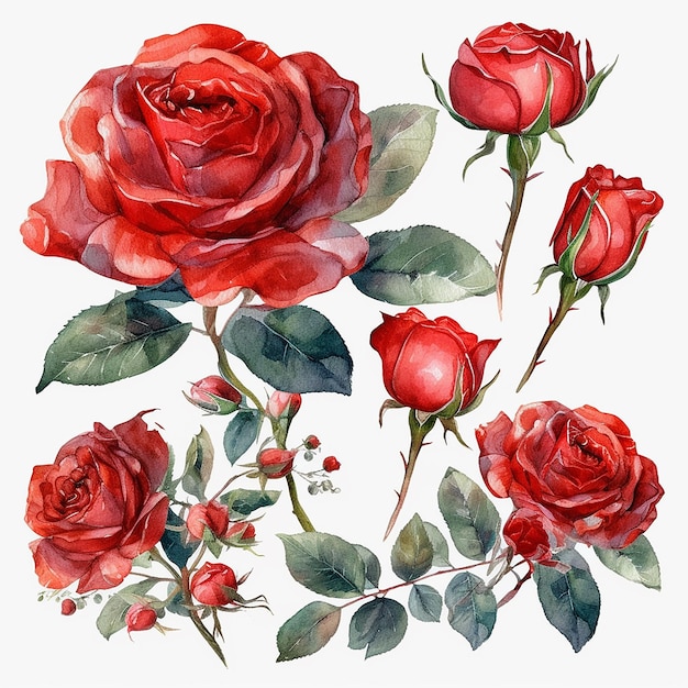 Una pintura de acuarela de rosas rojas con hojas verdes y una roja