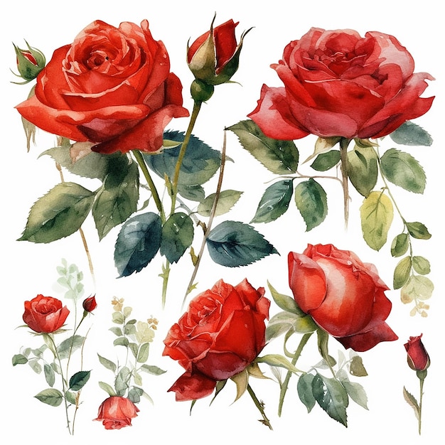 Una pintura de acuarela de rosas rojas con hojas verdes.
