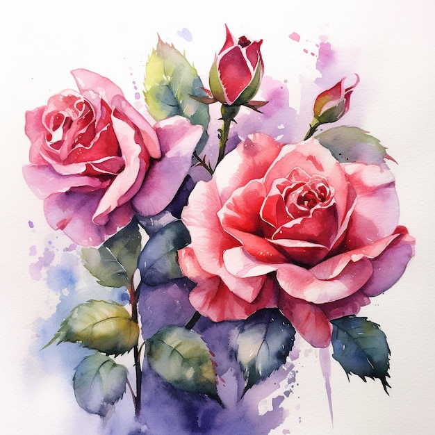 Una pintura de acuarela de rosas rosadas con hojas verdes.