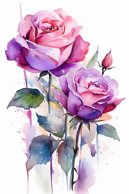 Una pintura de acuarela de rosas rosadas y moradas.