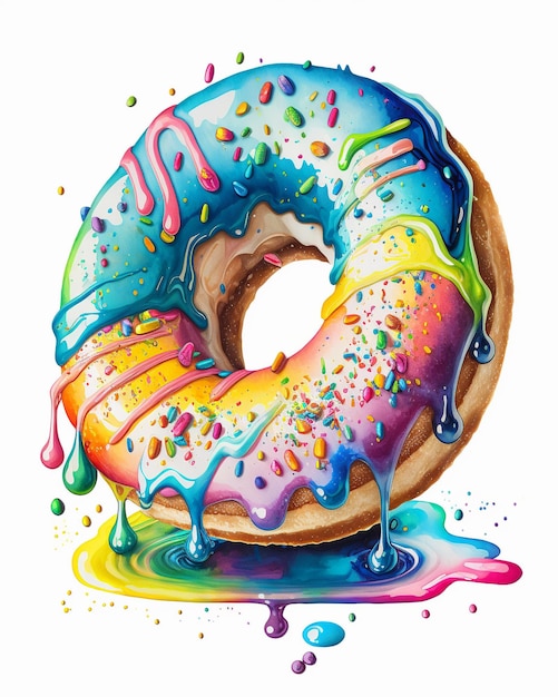 Una pintura a la acuarela de una rosquilla arcoíris con salpicaduras de arco iris.