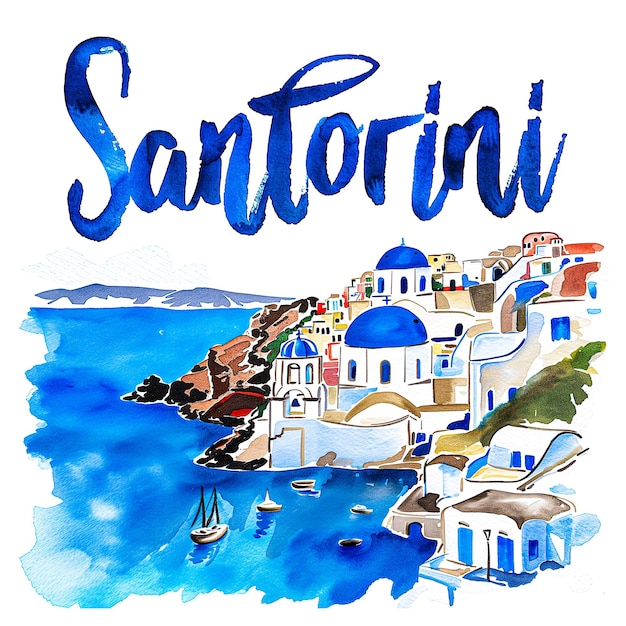 Pintura de acuarela de Santorini
