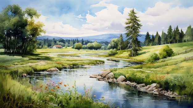 Foto pintura de acuarela serena del río del campo en un día de verano