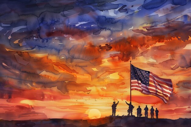 Pintura en acuarela de soldados al atardecer con la bandera estadounidense