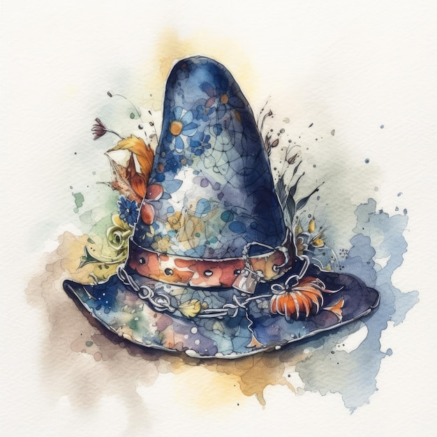 Una pintura de acuarela del sombrero de una bruja con una zanahoria.