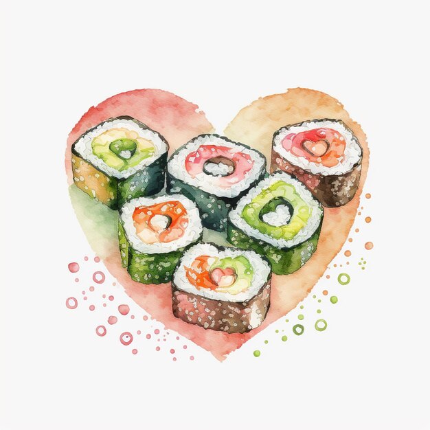 Una pintura en acuarela de sushi en forma de corazón