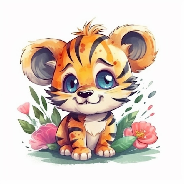 Pintura de acuarela de Sweet Tiger Chibi