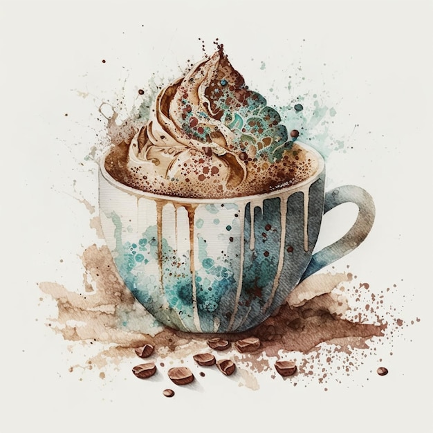 Una pintura de acuarela de una taza de café con chocolate y granos de café.