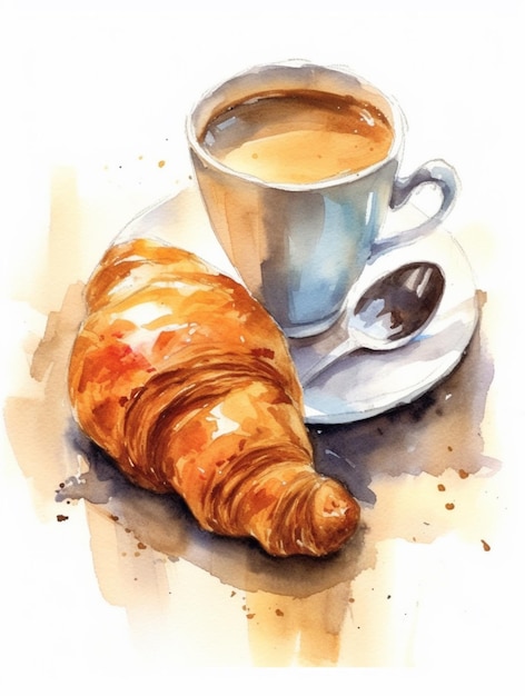 Una pintura de acuarela de una taza de café y croissant.