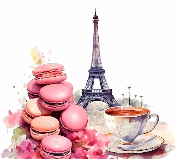 Una pintura de acuarela de una taza de café y una pila de macarons.