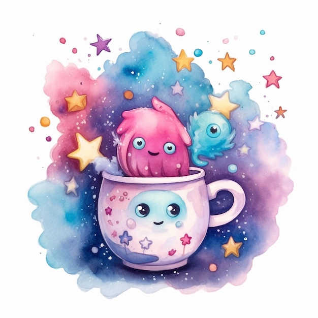 Una pintura de acuarela de una taza con un monstruo dentro.