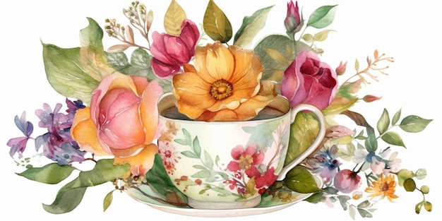 Una pintura de acuarela de una taza de té con flores y hojas.
