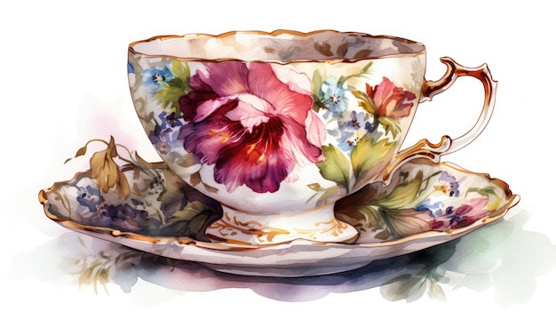 Una pintura de acuarela de una taza de té con flores.