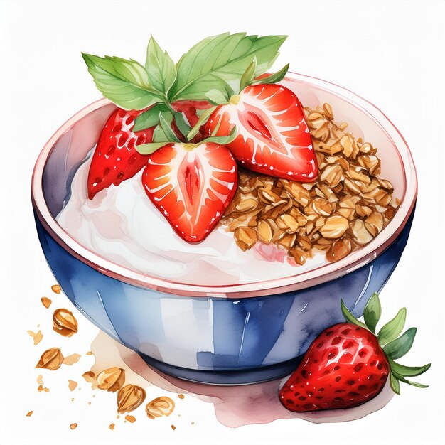 Foto pintura en acuarela de un tazón de yogur con granola y fresas desayuno sabroso comida deliciosa