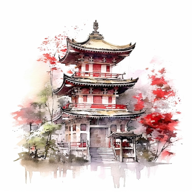 Una pintura de acuarela de un templo japonés.