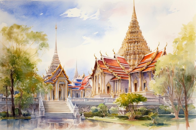 Una pintura de acuarela de un templo en tailandia