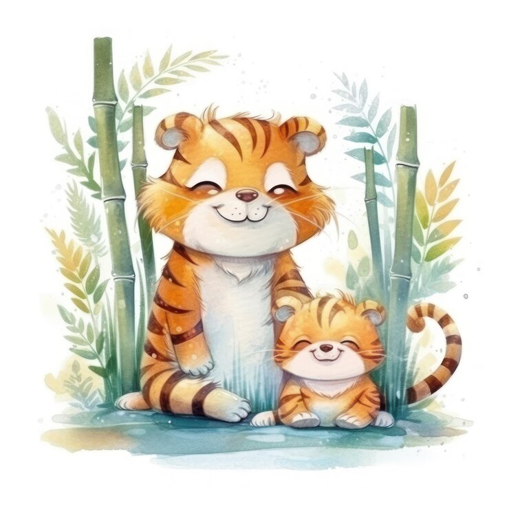 Una pintura de acuarela de un tigre y un tigre bebé.