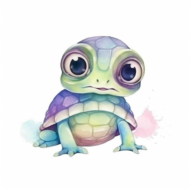 Una pintura de acuarela de una tortuga con una mirada triste.