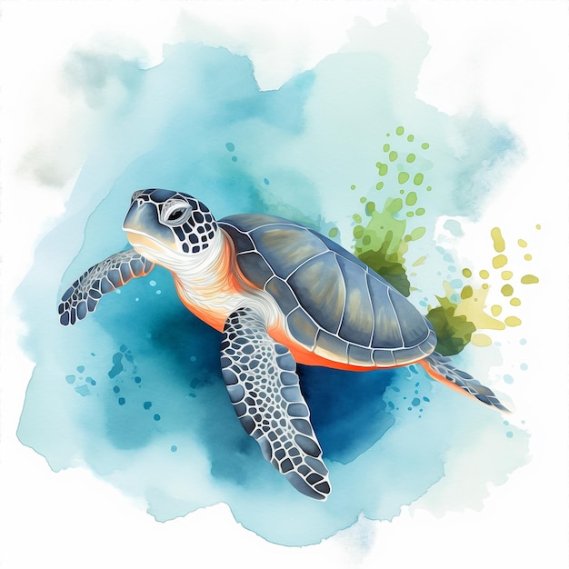 Una pintura de acuarela de una tortuga nadando