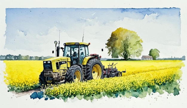 Una pintura de acuarela de un tractor en un campo de canola.