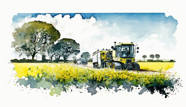 Una pintura de acuarela de un tractor en un campo de colza.