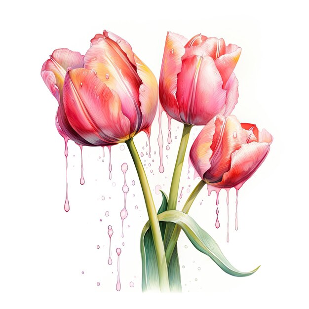 Pintura en acuarela de tulipán con fondo blanco