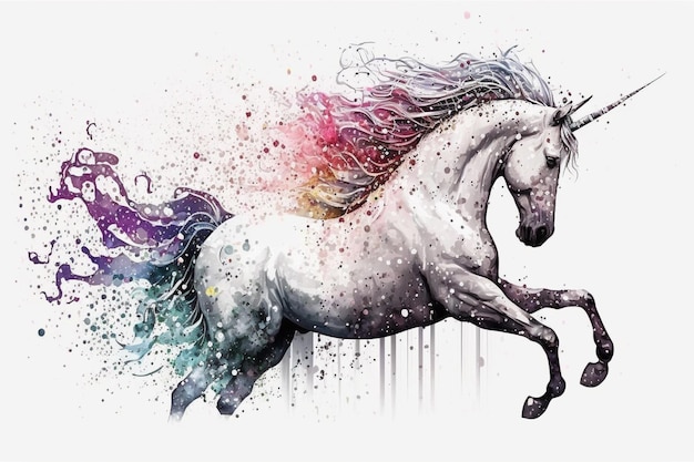 Una pintura de acuarela de un unicornio con los colores del arco iris.