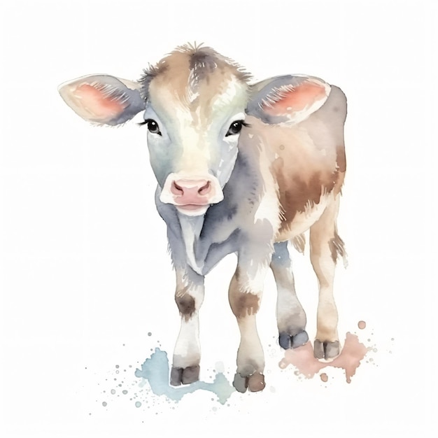 Una pintura de acuarela de una vaca bebé.