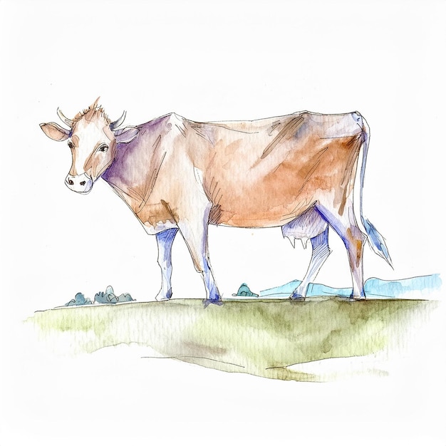 Pintura en acuarela de una vaca de granja Animal doméstico Arte dibujado a mano Aislado en blanco Estilo de boceto