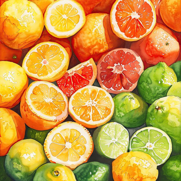 Pintura en acuarela de una variedad de cítricos, incluidas naranjas, pomelos y limones