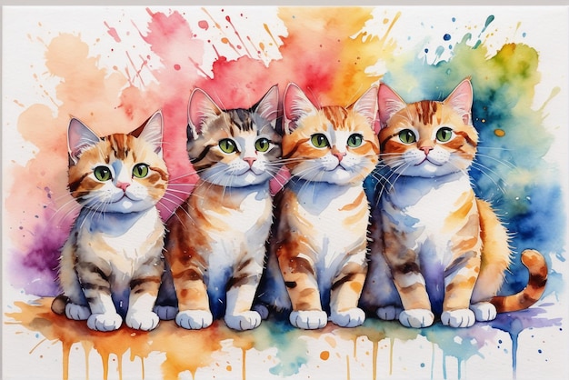 pintura en acuarela de varios gatos jugando a los gatos en posturas divertidas