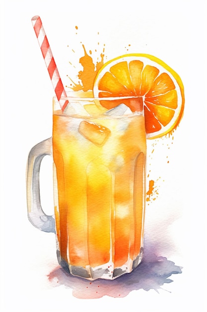 Una pintura de acuarela de un vaso de jugo de naranja con una pajita de rayas rojas y blancas.