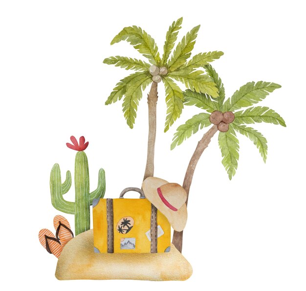 Foto pintura de acuarela de verano tropical de méxico con palmeras, cactus y playa para postal paraíso exótico de vacaciones