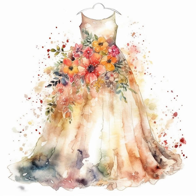 Una pintura de acuarela de un vestido con flores.