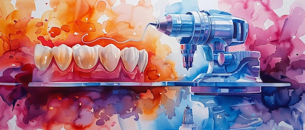 pintura de acuarela vibrante capturando un taladro dental y un espejo con una cinta de hilo dental viento