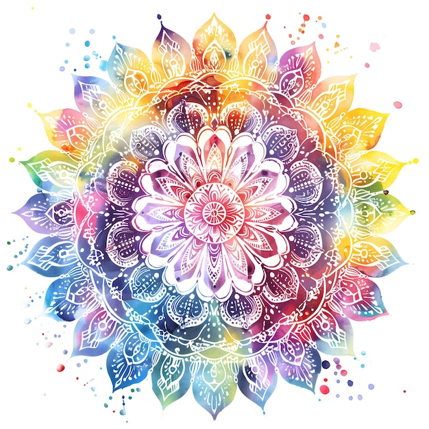 Pintura de acuarela vibrante con un intrincado patrón de mandala con colores del arco iris