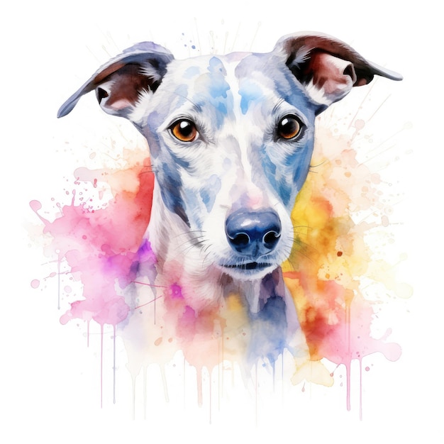 Pintura en acuarela de whippet con fondo blanco