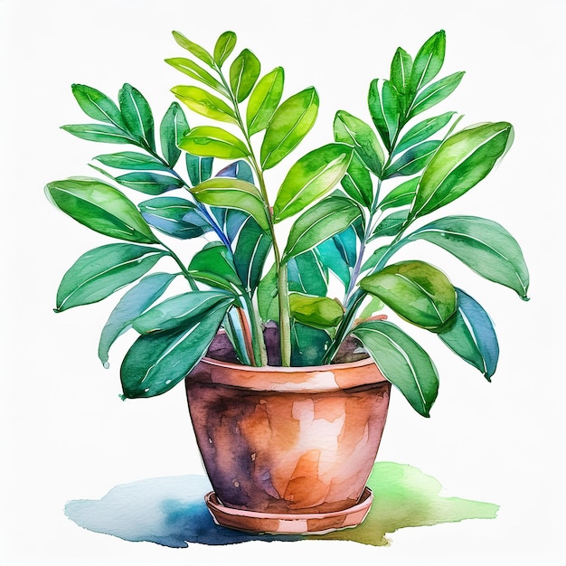 Pintura en acuarela de zamioculcas zamiifolia en olla Jardín del hogar Planta de interior verde