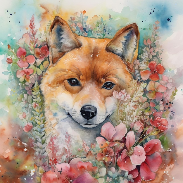 Una pintura de acuarela de un zorro con flores y hojas.