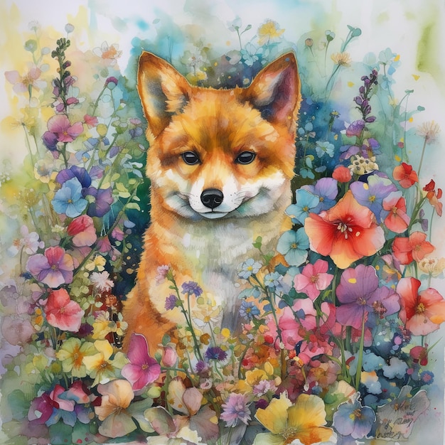 Una pintura de acuarela de un zorro en un jardín.
