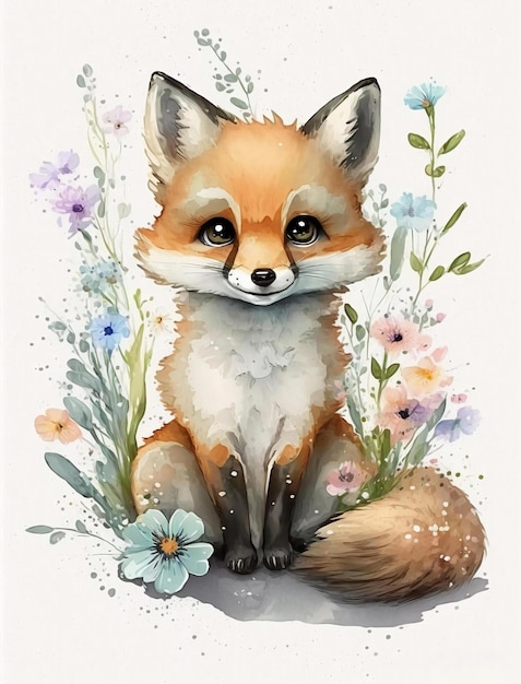 Una pintura de acuarela de un zorro sentado en flores.