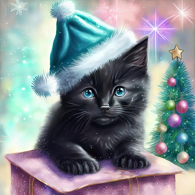 Pintura acuática de un gatito negro realista con un sombrero de Año Nuevo para Navidad en el contexto de los regalos de Navidad, árboles de Navidad y guirnaldas