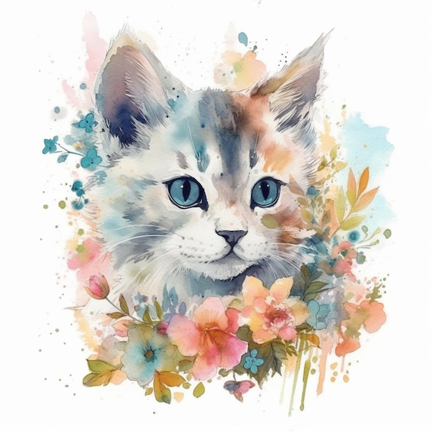 Una pintura acuática de un gato con ojos azules y un fondo de flores rosas y verdes.