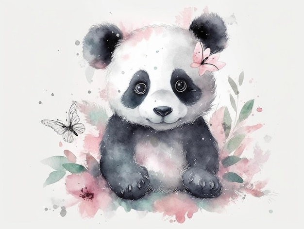 Pintura acuática de un oso panda con mariposas.