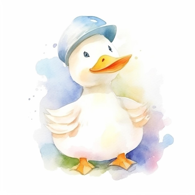 Pintura acuática de un pato con sombrero azul.