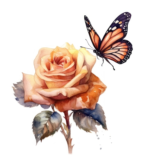 Pintura acuática de una rosa amarilla con una mariposa.