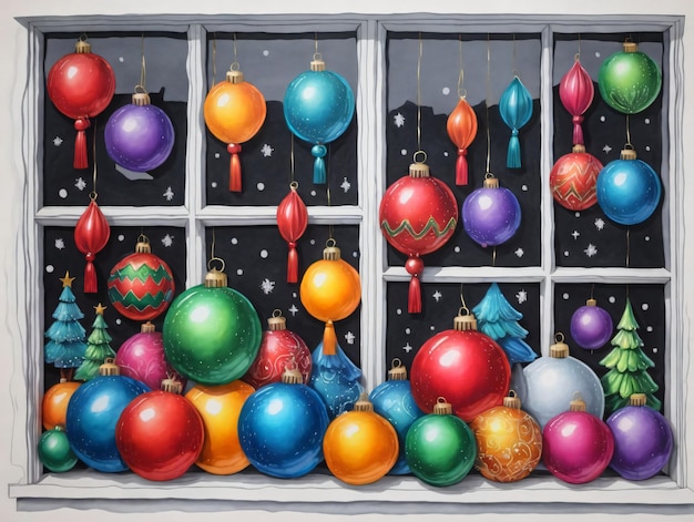 Una pintura de adornos navideños en el alféizar de una ventana