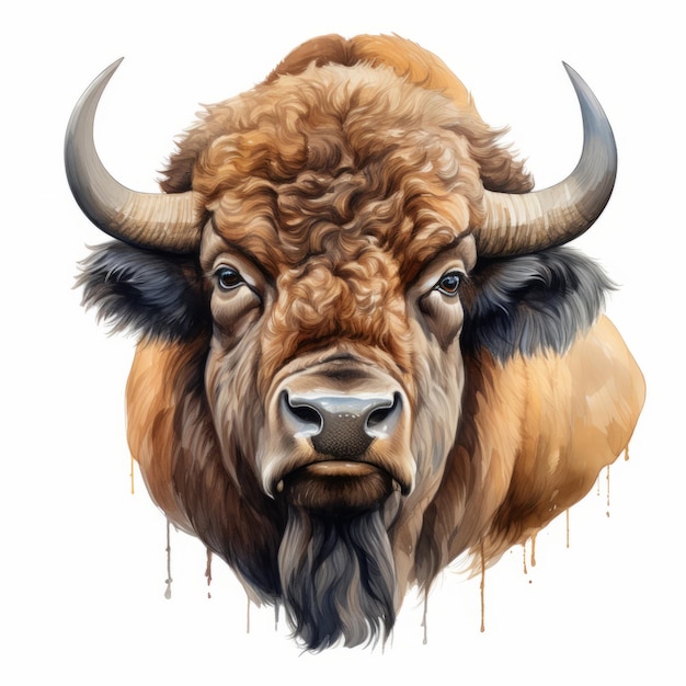 Pintura agressiva de cabeça de bisonte em fundo branco Ilustração digital