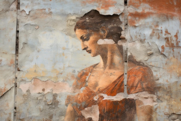 Foto pintura agrietada con retrato de una mujer joven vintage dañado fresco antiguo en la pared antigua concepto de arte romano griego renacimiento belleza facial gente textura de fondo