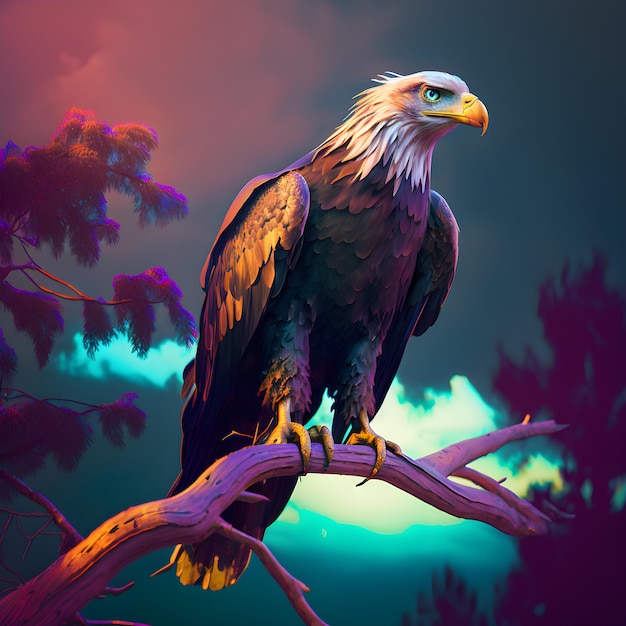 Una pintura de un águila calva posada en una rama.